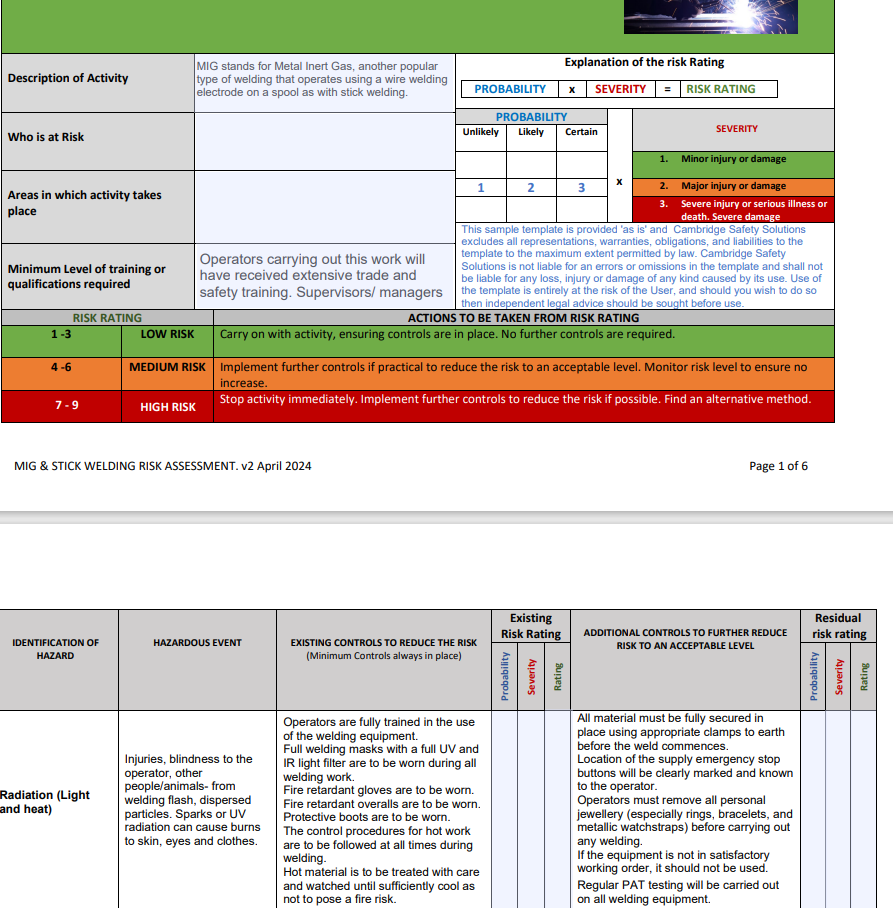 Welding Stick and Mig Risk assesment